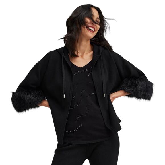 Chico's Faux Fur Cuff Black Cardigan Size 3 XL Hood Neck Tie Sweater Cape Party - Picture 1 of 10